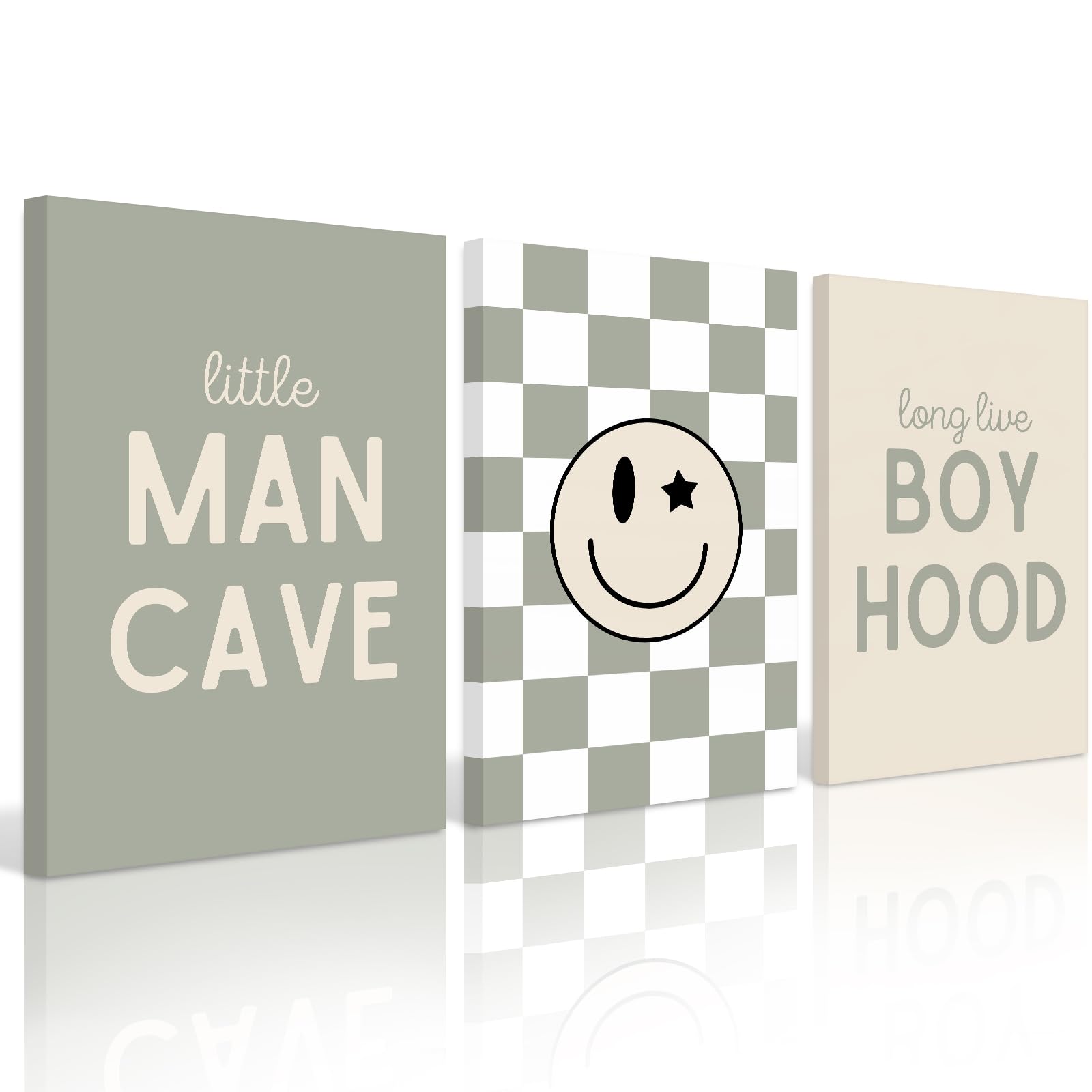 Long Live Boyhood Wall Art Nursery Baby Boys Canvas Wall Art Decor Preppy Retro Poster Prints Kids Little Man Cave Pictures Sage Green Artwork for Room Bedroom Set of 3 12x16 Inch Ready to Hang