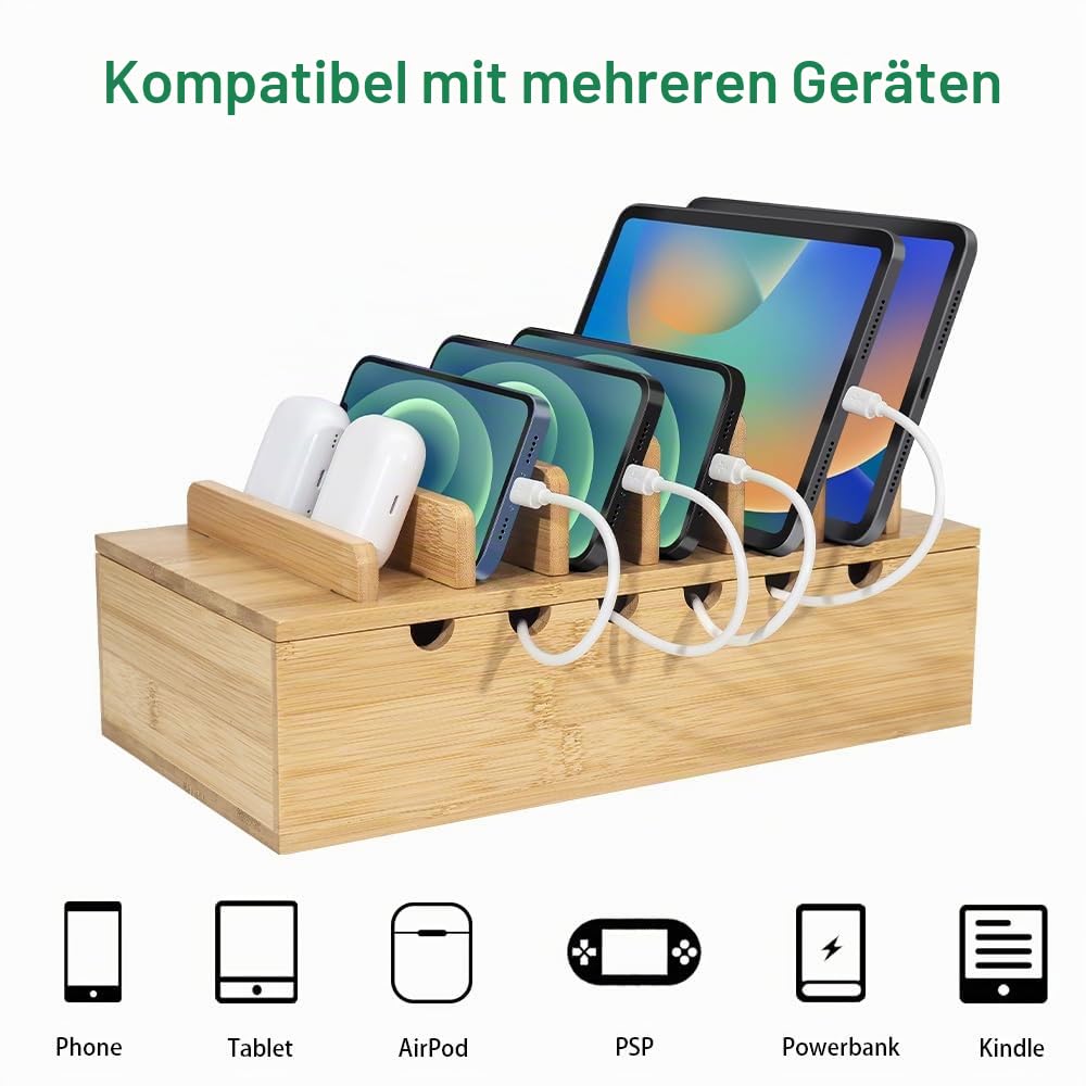 Bambus-Ladestation für mehrere Geräte, Upgrade-Schreibtisch-Dockingstationen, Organizer für Apple-Geräte, Holz-Lade-Handyhalter-Ständer (inkl. 6 Kabel) (ohne Netzteil)
