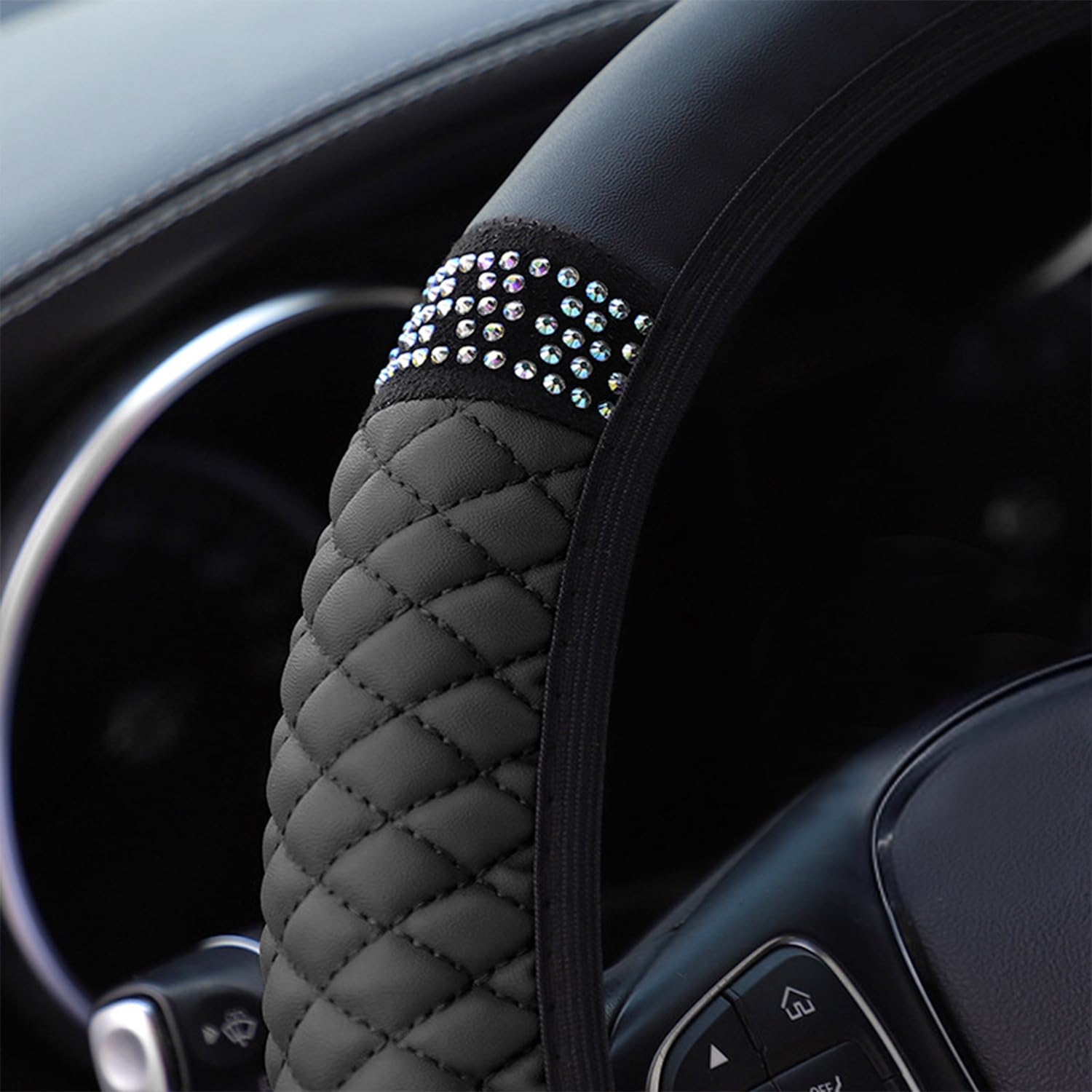 Coprivolante Auto In Pelle Con Strass Colorati - Elastico, Antiscivolo, Diametro 37-38 Cm - Nero - 4