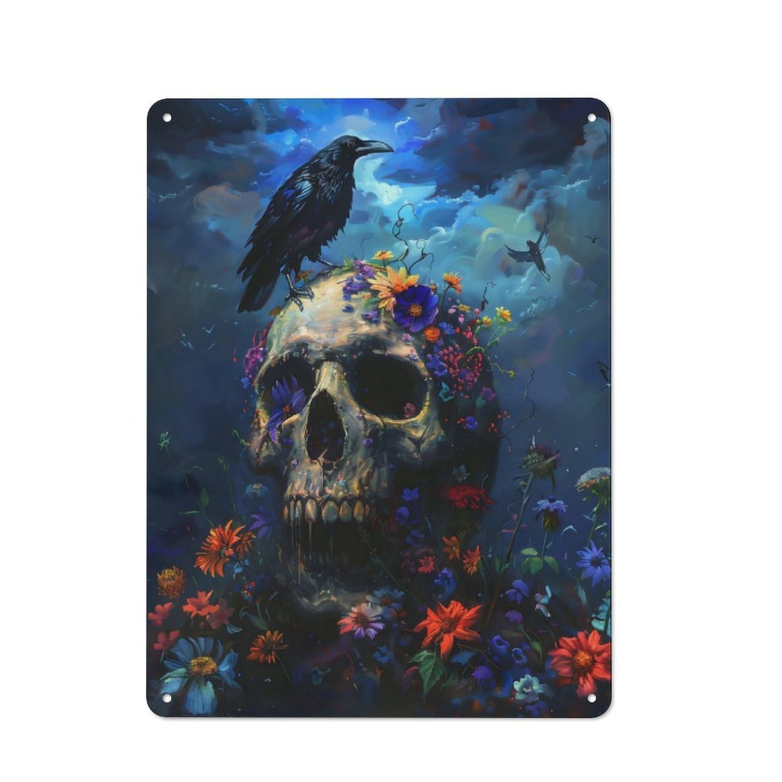 Junmoney Raven Skull Flowers Rustic Metal Sign 40X30cm For Hallway Wall, For Collectors Of Rustic Metal Wall Decor