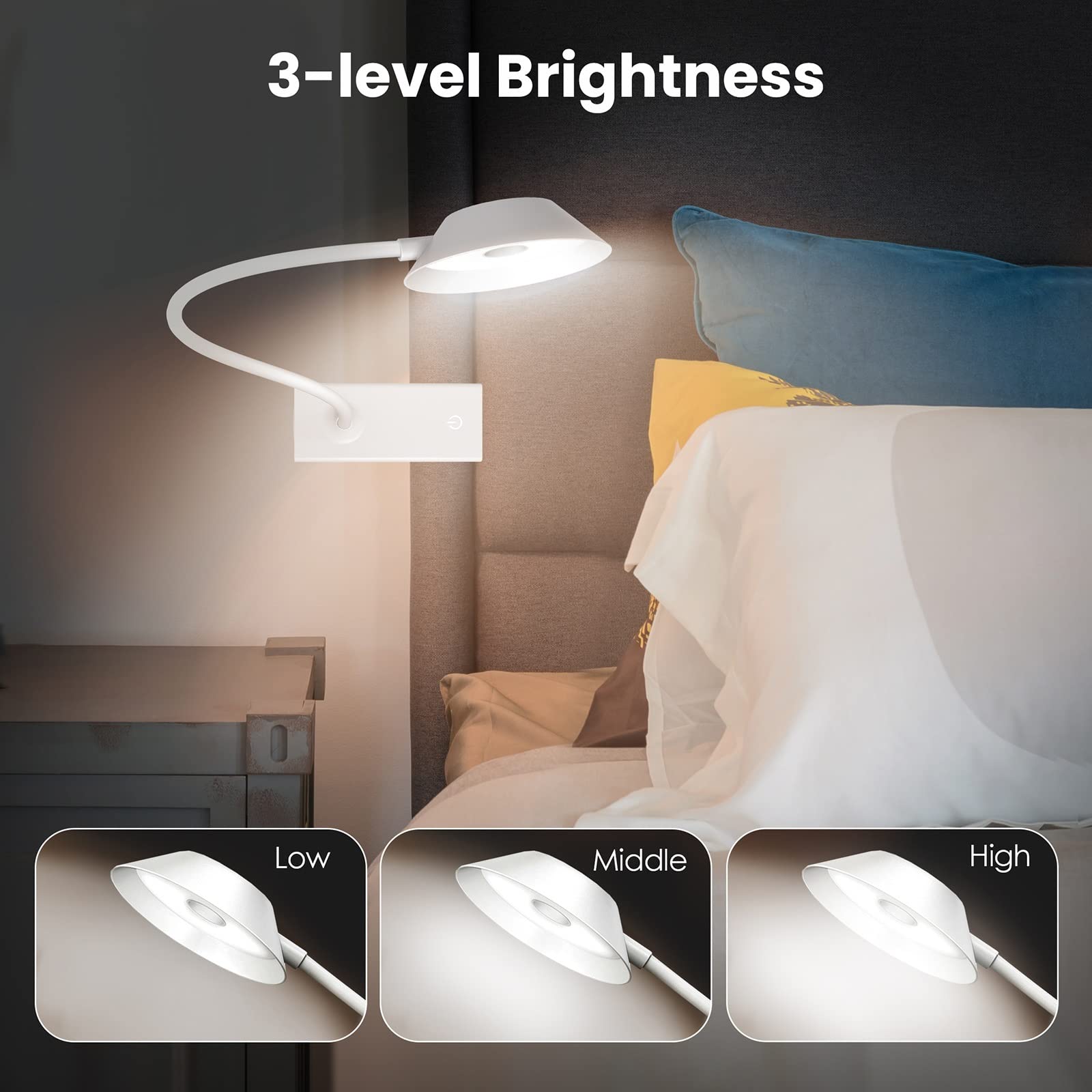 da da Lettura Bile a Clip con Luce a LED per Camera da Letto, da da scrivania, Letto, Bianca, a Batteria, a Collo di Cigno