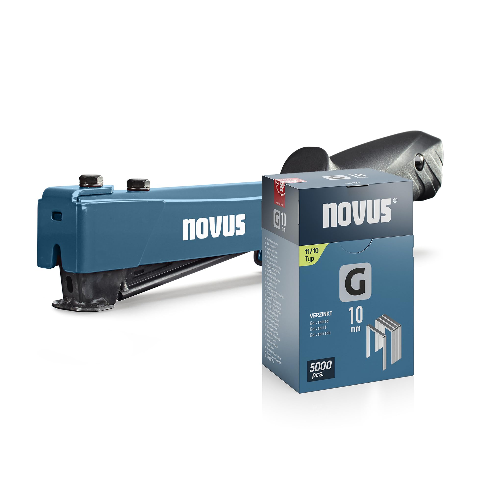 NOVUS TOOLS J-044 zestaw zszywaczy młotkowych + 5000 zszywek z drutu płaskiego - duży zszywacz do profesjonalnego zastosowania - zszywki płaskie G typ 11 od 6 do 12 mm - w całości z metalu