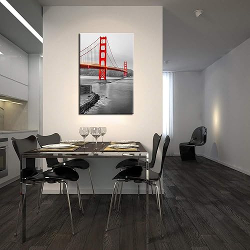 Miniatura 2 de KREATIVE ARTS Impresiones en lienzo para pared, diseño de puente de puerta dorada en blanco y negro, blanco, rojo, vertical, California, viajes,