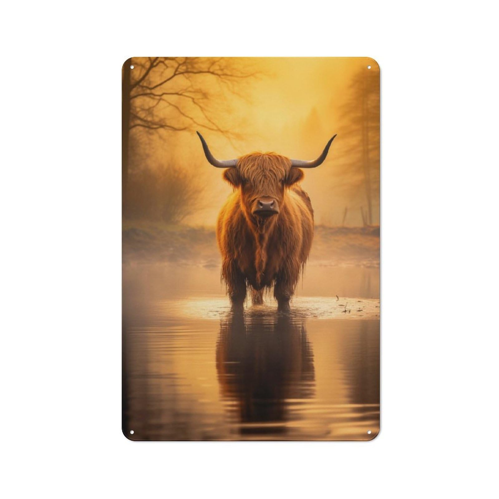 Junmoney Highland Cow In The Water Rustic Metal Sign 30X20cm Featuring For Hallway Wall, For Collectors Decorating Hallways And Entrance Areas