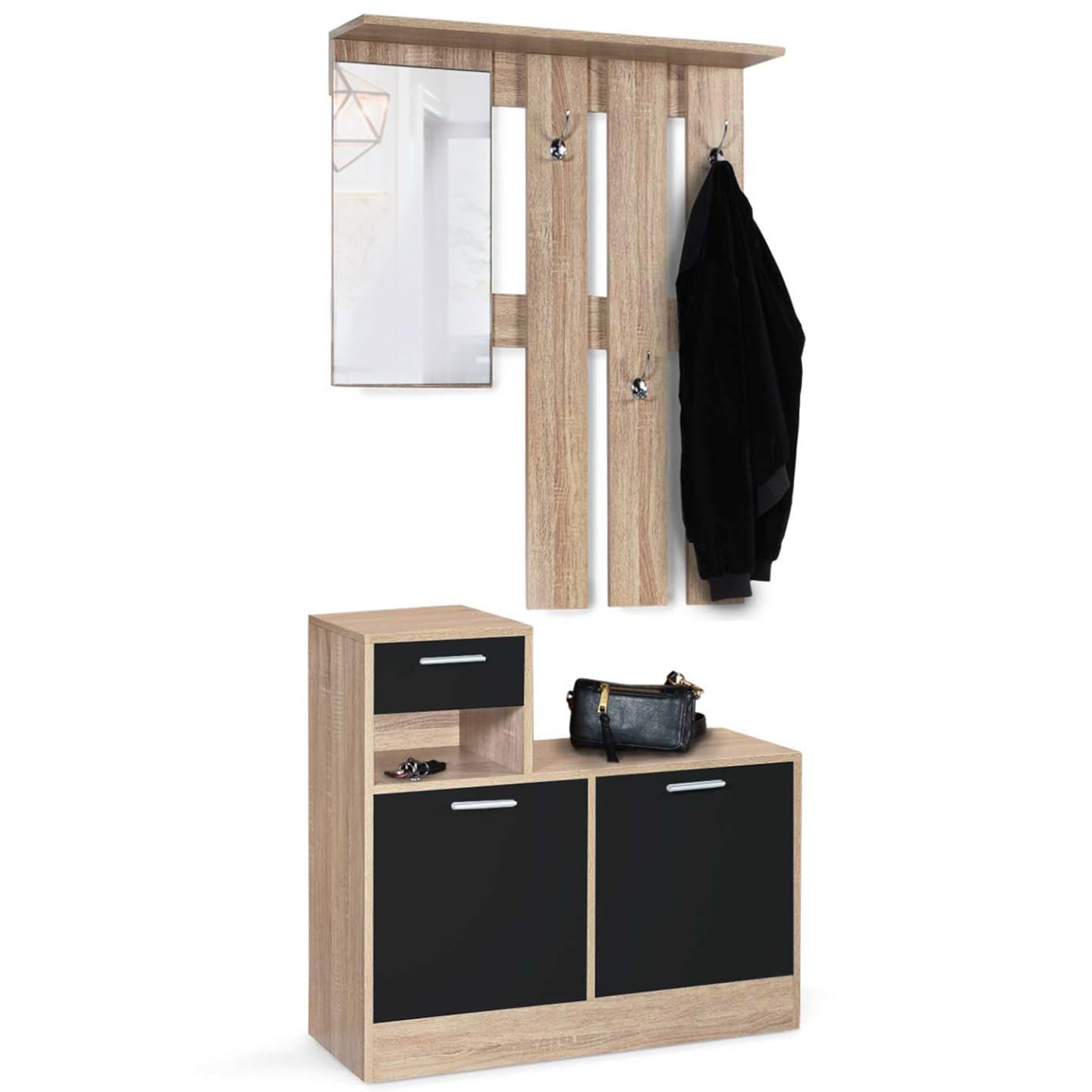 IDMarket - Vestiaire d'entrée avec Miroir PAULIN Design hêtre Portes Noires