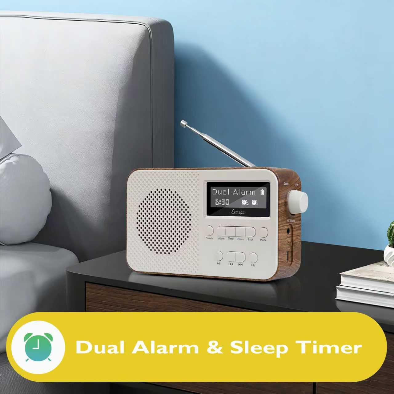 Digitalradio LEMEGA PR2 Max Dab/Dab+ mit Bluetooth 5.3,Tragbares UKW-Radio, Netzanschluss,Zwei Weckzeiten,Großem,Gut Lesbarem LED-Display,40 Préréglé und Kopfhöreranschluss (Nussbaum)