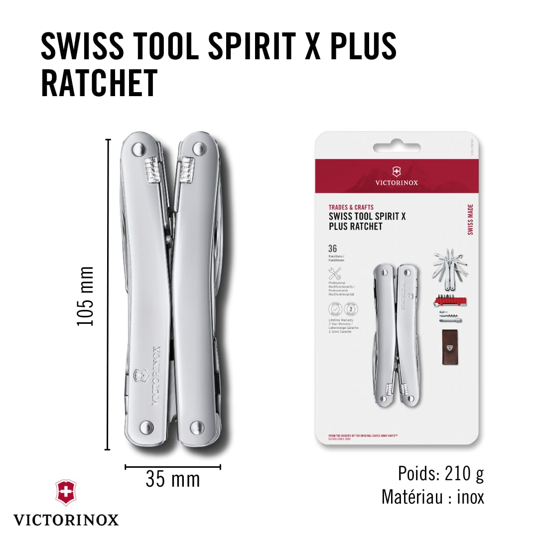 VICTORINOX Outil Multifonction Swiss Tool Spirit X Plus Ratchet, 36 Fonctions, Swiss Made, Outil Multifonction avec Lame Blocable et Pince à Bec, y c. Étui en Cuir, Argent