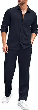 COOFANDY Men's 2 Piece Outfits Casual Long Sleeve Button Down Shirt and Pants Sets Loungewear Streetwear Walking Suits