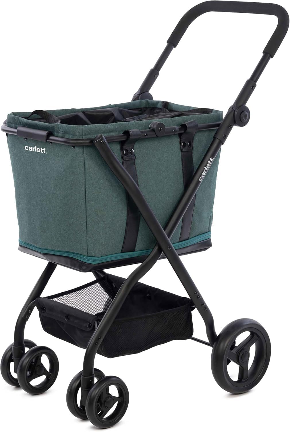 Carlett Einkaufstrolley mit 4 Rädern, faltbar, Tasche 50–75 L, höhenverstellbarer Griff, Sicherheitsbremse, Korb als Tragetasche nutzbar, wasserabweisend mit Regenüberzug – Cube S, Grüne