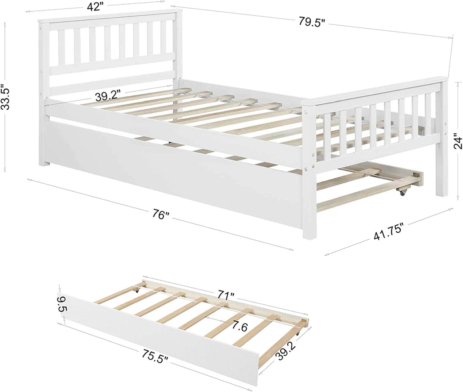 Twin Bed Frame with Trundle, Platform Bed Frame with Headboard and Footboard, Solid Wood Bed Twin for Bedroom Small Living Space, Wood Slat Support No Box Spring Needed