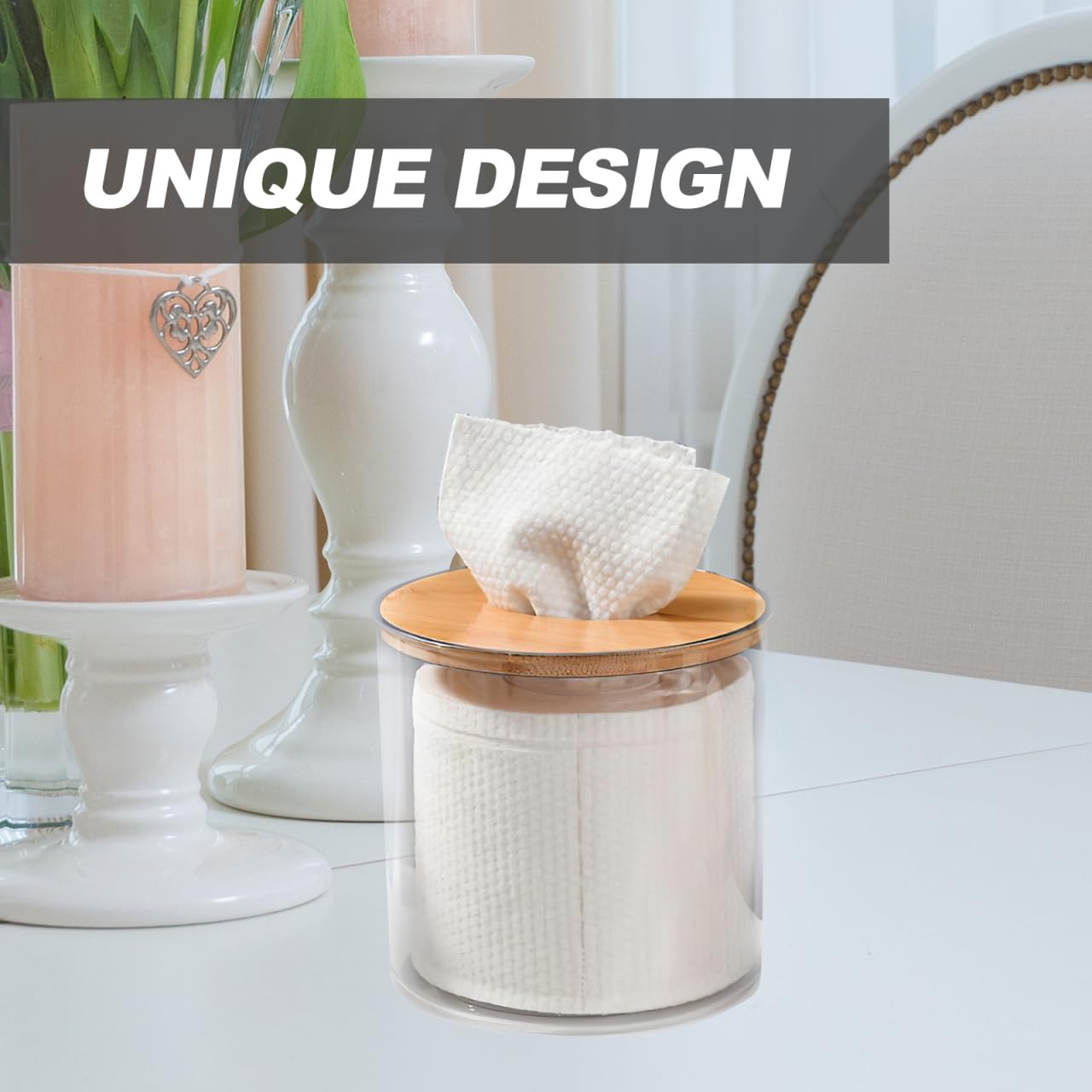 Alipis Round Transparent Tissue Paper Container with Bamboo Lid, Space-Saving Design, Ideal for Kitchen, Bathroom, and Home Use, Easy Side Pull Napkin Holder