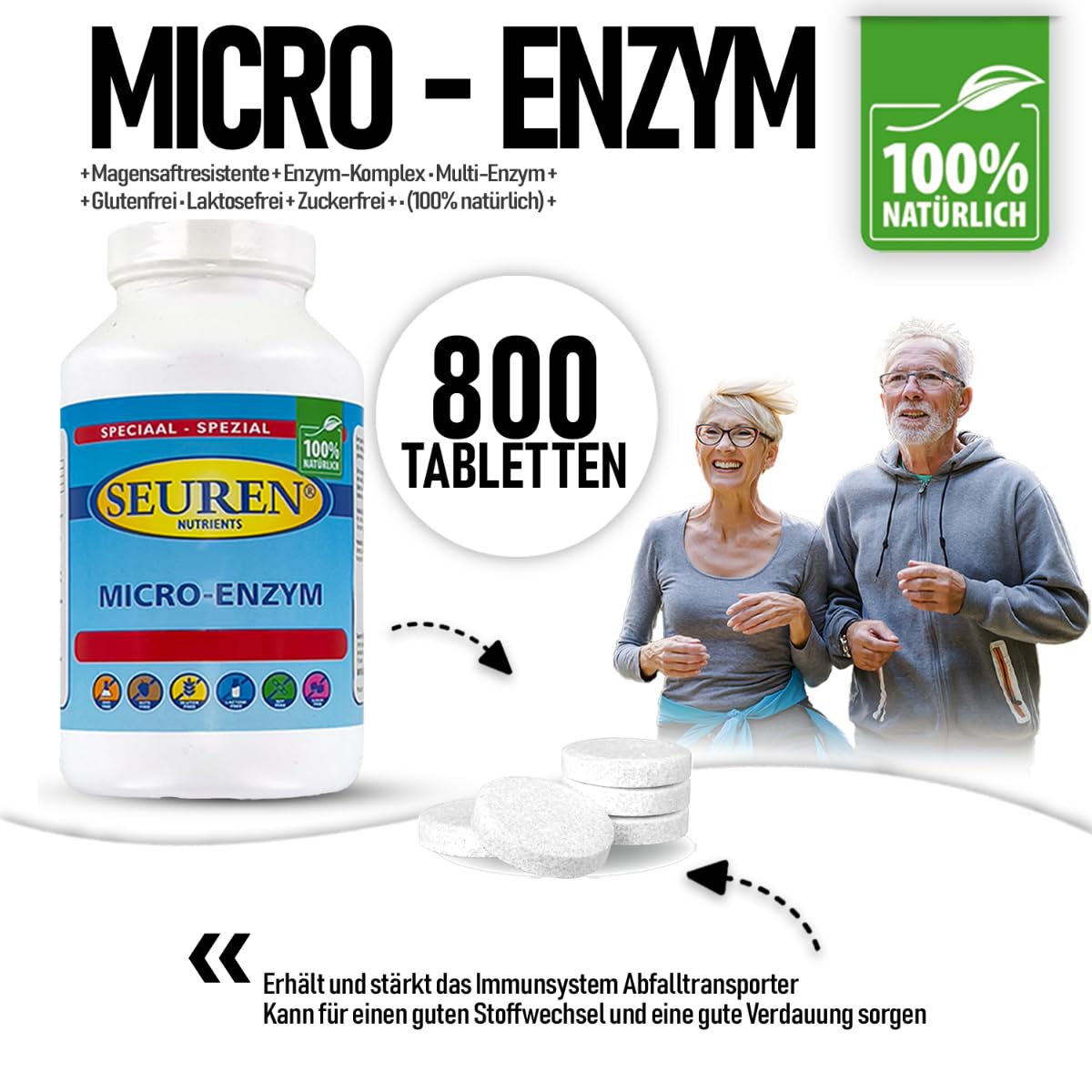 Seuren Nutrients | Micro Enzym 800 Tabletten | Magensaftresistente | Multi-Enzym | Glutenfrei | Laktosefrei | Zuckerfrei | (100% natürlich)