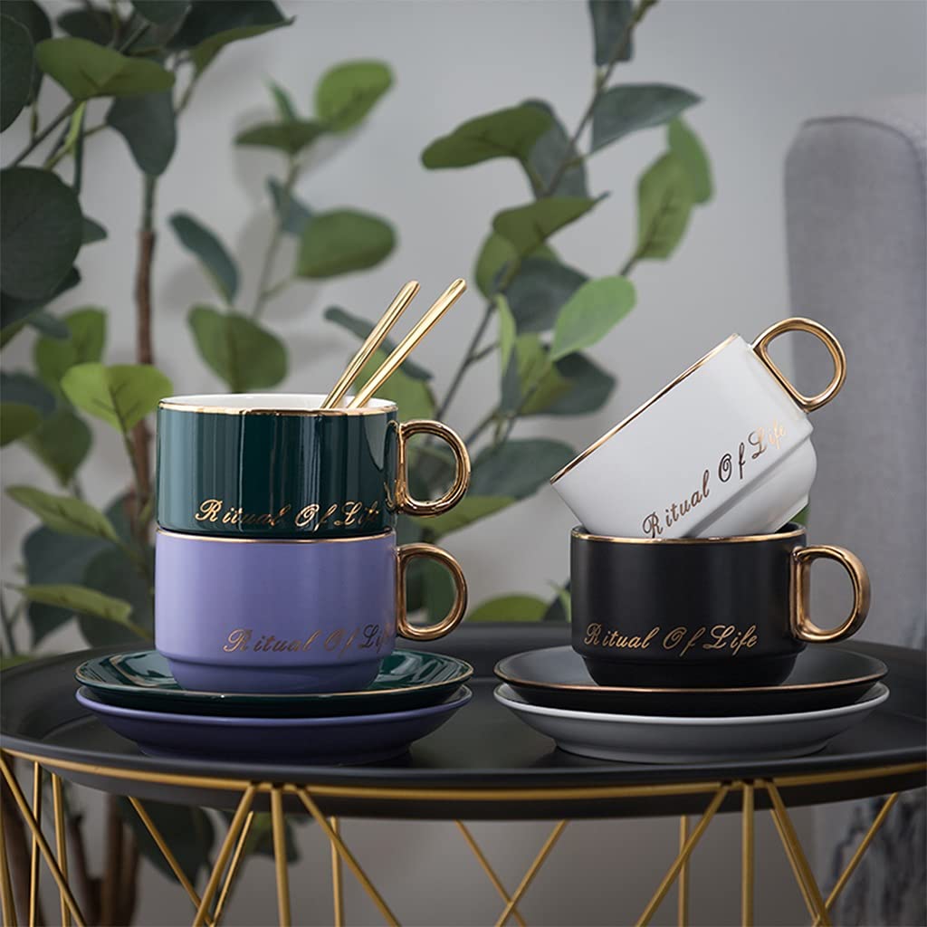 Porzellantasse madchen, Porzellanbecher 8 Unzen für Spezialkaffeegetränke, Latte, Café Mokka und Tee, Becher Geschenk Set für Männer Frauen Dad Mom, Porzellan-Tee Set mit Goldbesatz ( Color : White )