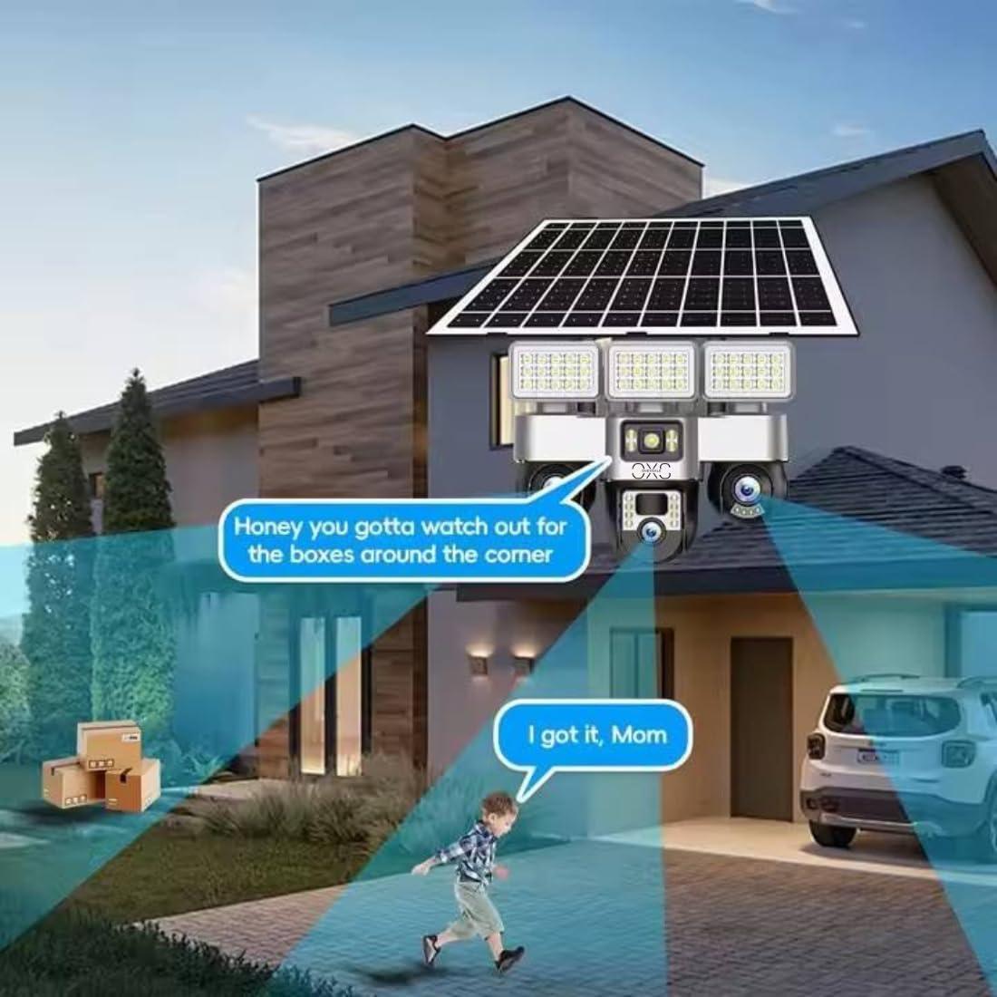 OneXsale 4G Solar Security Camera – Triple Lens 3MP, 3-Screen Panoramic View, 10X Zoom, Auto-Tracking Human Detection, Color Night Vision, Two-Way Audio, 20000mAh Battery, IP66 Waterproof, No WiFi 1