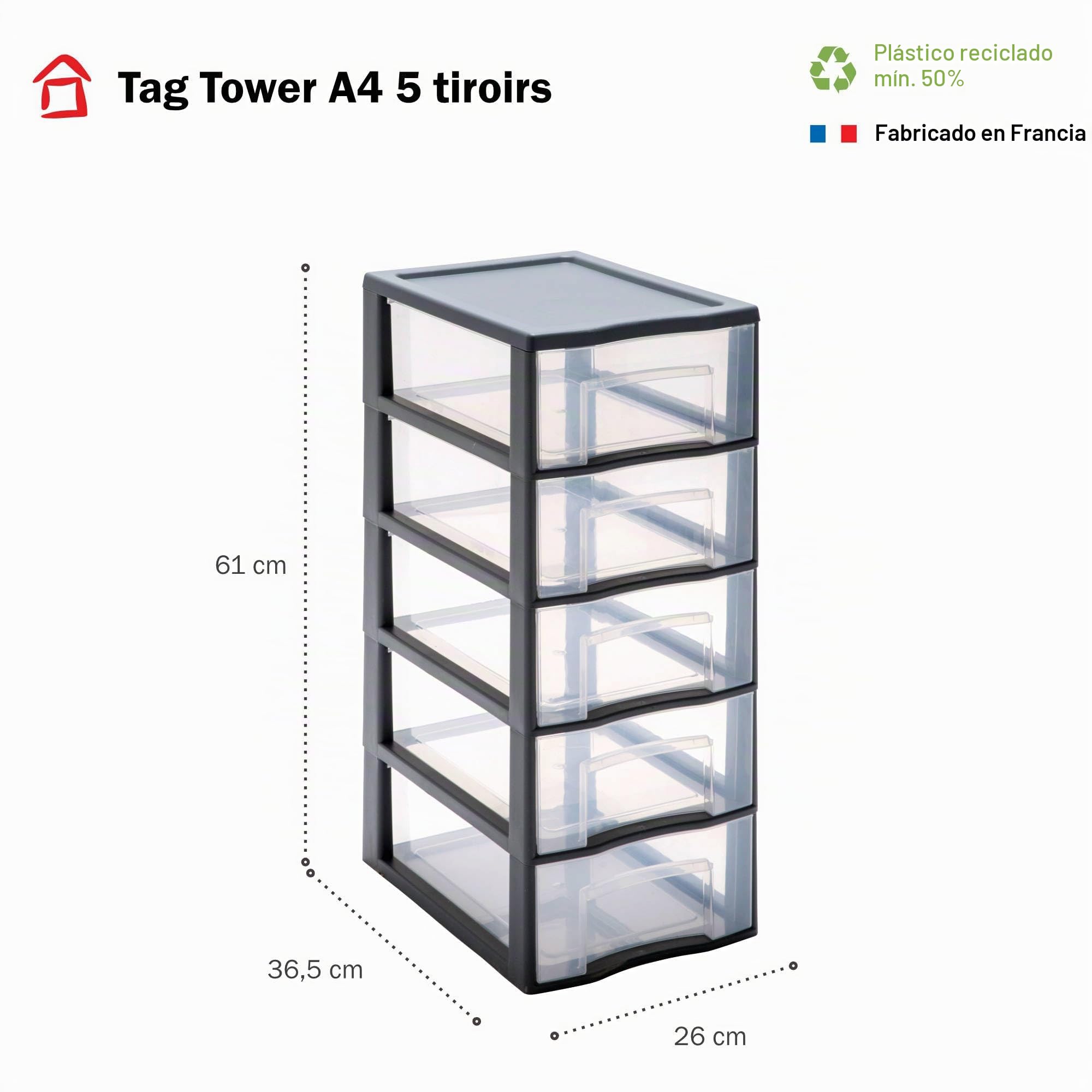 SUNDIS Tag Tower, torre de almacenamiento de plástico, 5 cajones A4 | Altura 61 cm, negro, ideal para almacenamiento de oficina, lecciones, documentos, suministros