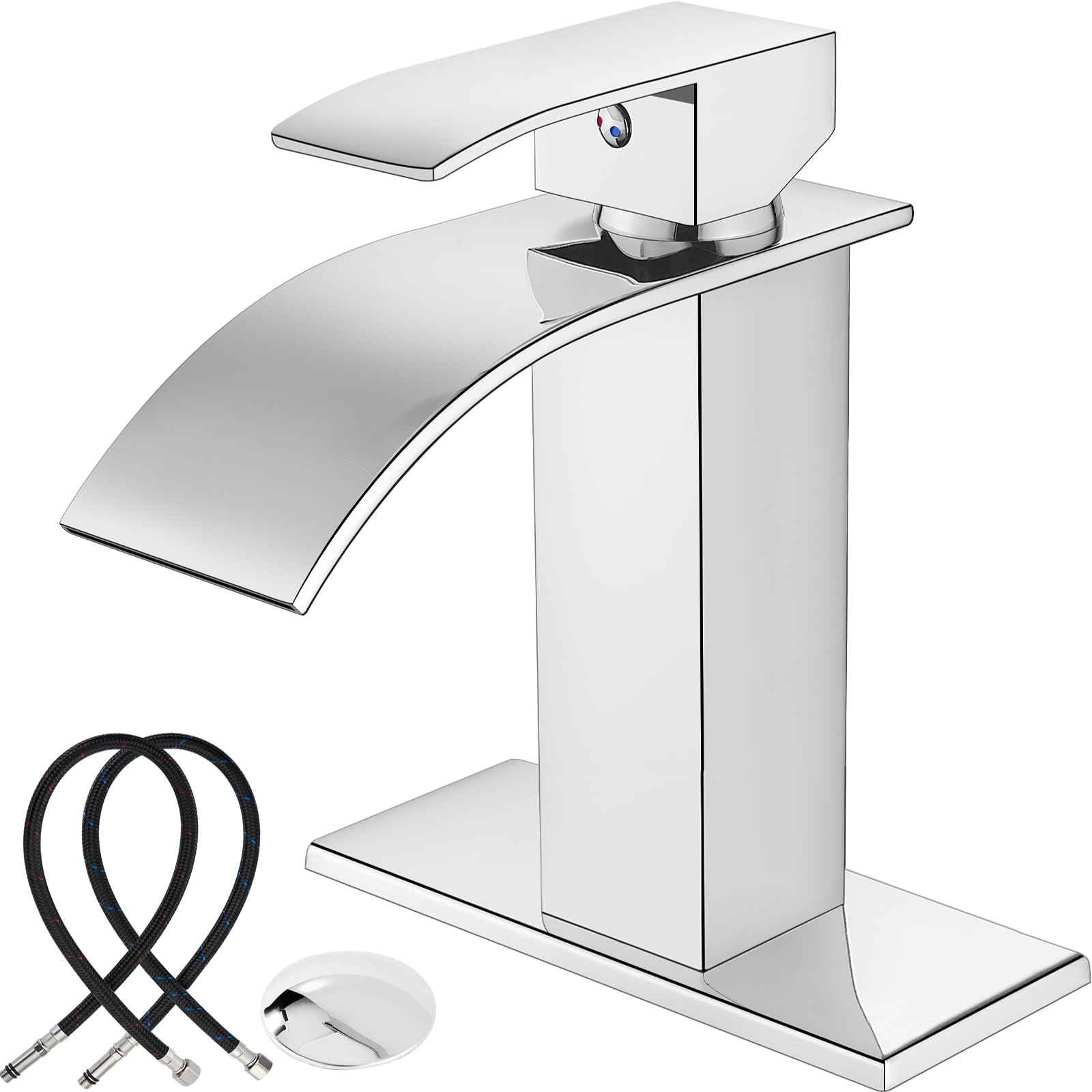 Midanya Single Hole Bathroom Faucet 1 Hole Waterfall Spout,304 Stainless Steel Bathroom Sink Faucet with Deck Plate and Pop-Up Drain,Suitable for RV Vanity,Polish Chrome