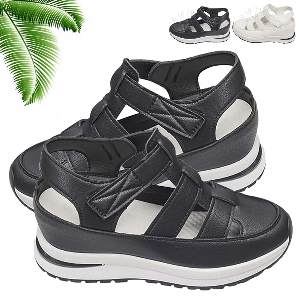 Women's Hollow Out Breathable Platform Wedge Sandals Sneakers, Womens Stylish Casual Closed Toe Sandal Elastic Elastic Band Flat Slide Mules Sandals