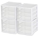 4-Pack 3 Drawer Unit, Plastic Desktop Organizer with Clear Drawers, White Frame - Stackable Multi-Purpose Storage for Office Supplies, Craft Rooms, Classrooms and Home Organization
