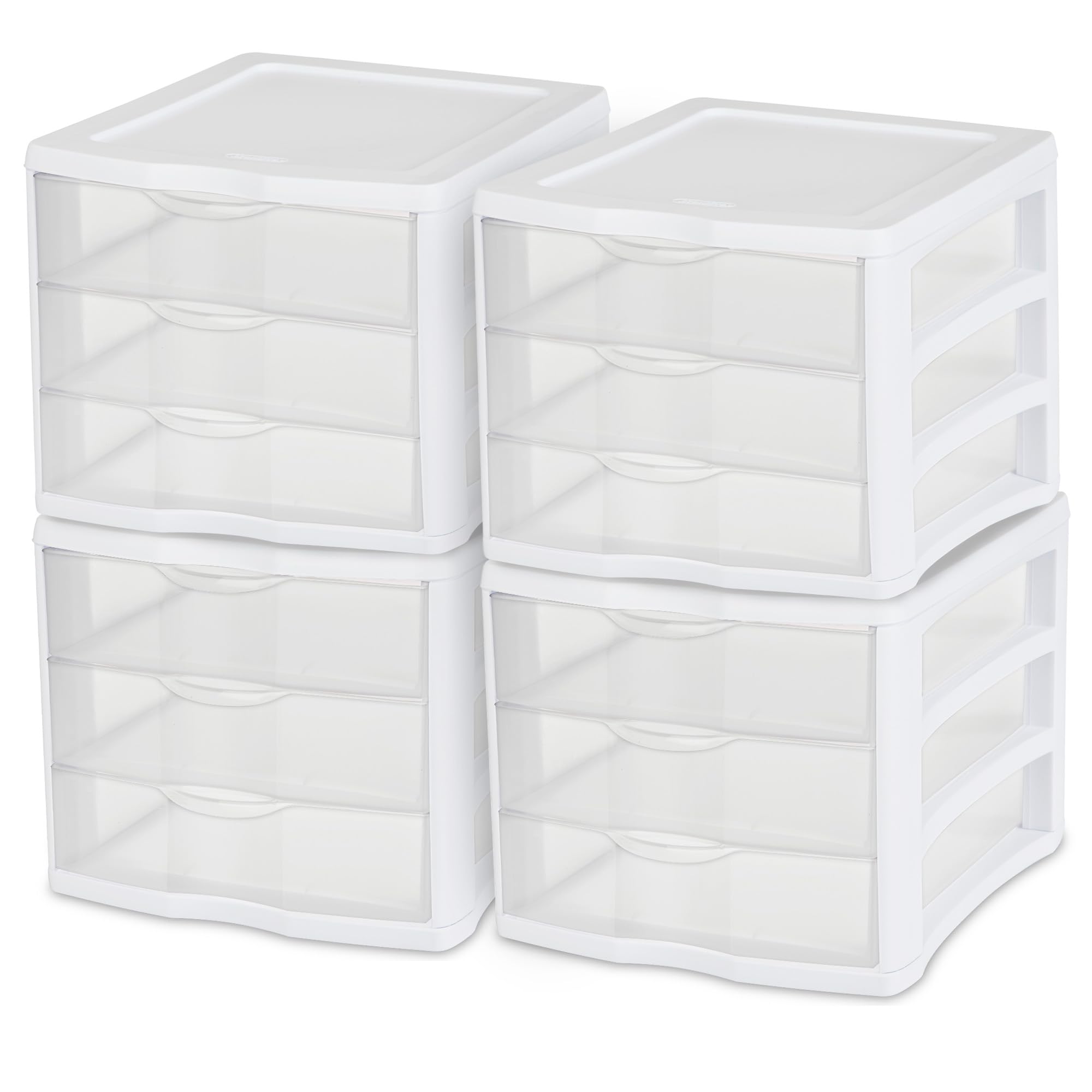 Sterilite 4-Pack 3 Drawer Unit, Plastic Desktop Organizer with Clear Drawers, White Frame - Stackable Multi-Purpose Storage for Office Supplies, Craft Rooms, Classrooms and Home Organization