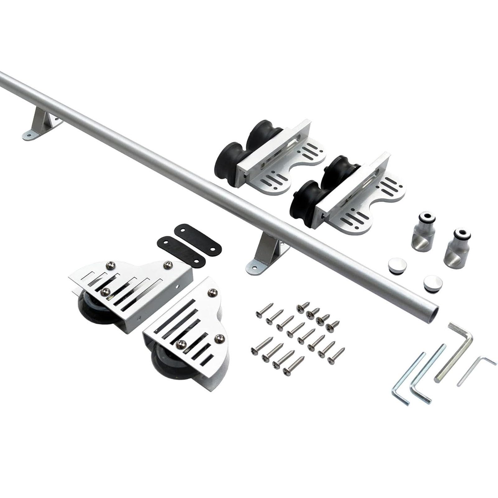 DFGHNBVC Rolling Ladder Hardware Library Sliding Ladder Hardware Kit Round Track/Rail, Stand Up Tensible Rolling Hardware, Brake Bottom Wheels, Silver,One Color-8Ft/244Cm Track Kit