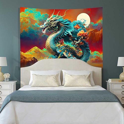 Miniatura 5 de Ine Ive Tapiz de dragón japonés para colgar en la pared, 40 x 30 pulgadas, decoración de pared de anime asiático, luna, nube, montañas brumosas,