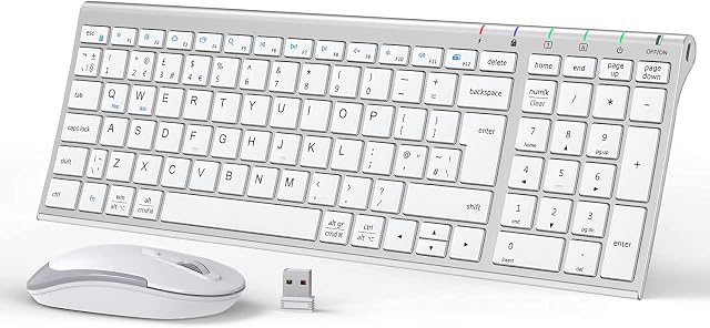 iClever GK03 Wireless Keyboard and Mouse Combo - 2.4G Portable Wireless Keyboard Mouse, Rechargeable Battery Ergonomic Design Full Size Slim Thin Stable Connection Adjustable DPI, Silver and White