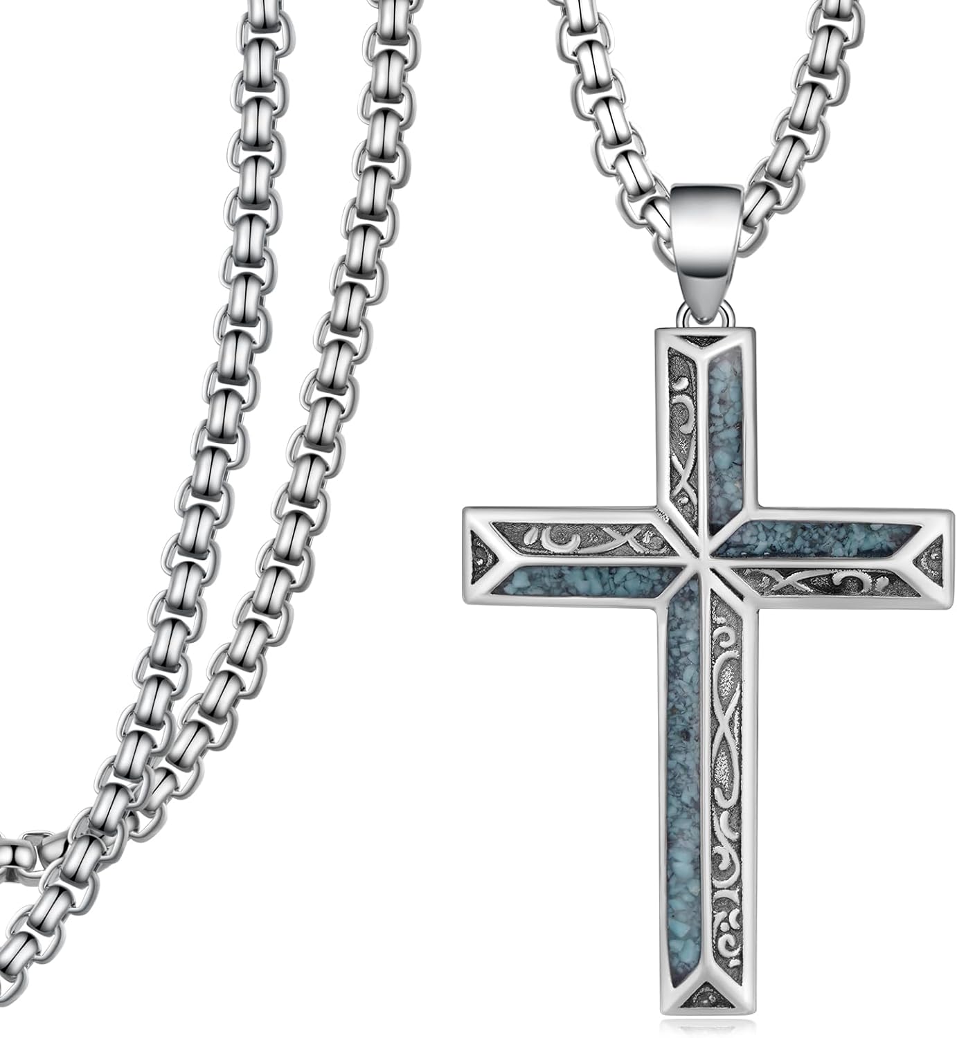 Turquoise Cross Necklace for Men 925 Sterling Silver Western Cross Pendant Religious Protection Jewelry Gifts for Men Women