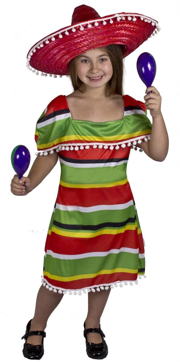Costume Messicano Per Bambina - Poncho E Sombrero Rosso Con Pompon - Taglia Media (7-9 Anni) - 3