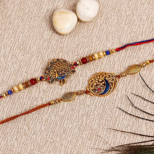 Image of eCraftIndia Set of 2 Kundan Beads Beautiful Peacock Designer Rakhis with Roli Chawal Pack