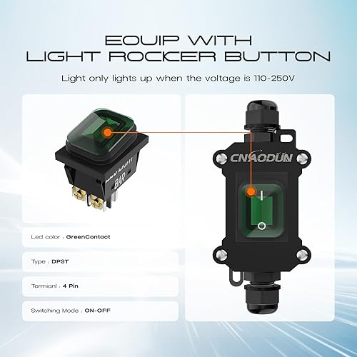 Miniatura 10 de CNAODUN Interruptor de cable en línea impermeable 35A-125V, 30A-250V AC Interruptor de palanca de encendido y apagado con luz verde botón basculante