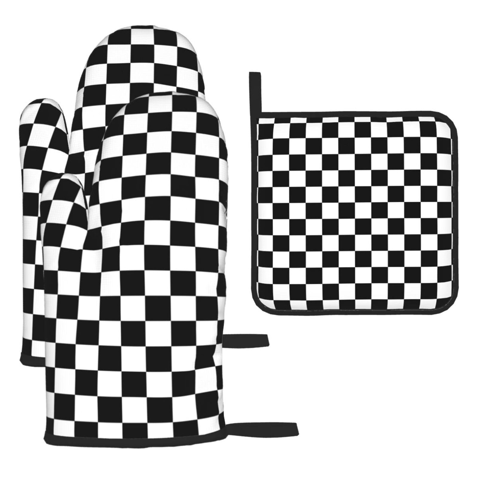 Black And White Checkered Print Oven Set Kitchen Gloves Baking Grilling Microwaving Cooking Gift Everyday Holiday