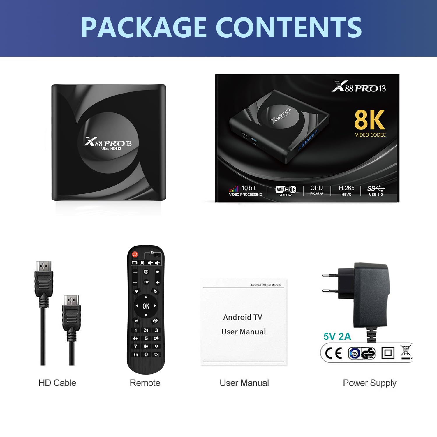 Android TV Box,X13 Pro Android 13.0 TV Box 4GB RAM 64GB ROM RK3528 Quad-Core 64bit Cortex-A53 Mali 450 MP2 GPU Support 8K 3D 1080P 2.4/5.0GHz WIFI BT5.0 10/100M Ethernet DLNA HDMI 2.0 H.265 USB 3.0