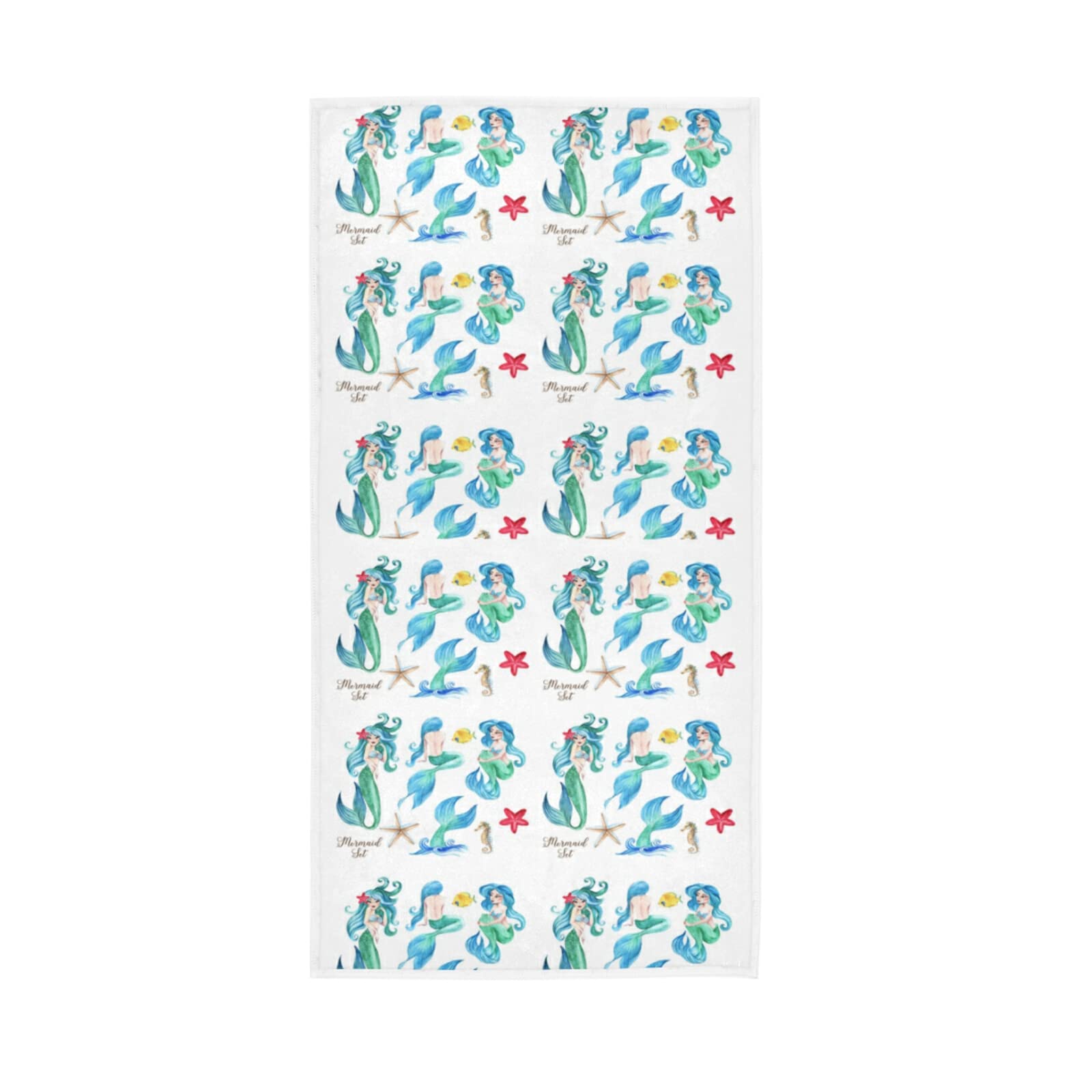 HUYGD Seamless Turquoise Mermaids and Girls with Mermaid Tails on White Soft Hand Bath Towel 30" x 15" Thin Fast Drying Absorbent Soft Towels for Kitchen Gym Spa Hotel Beach