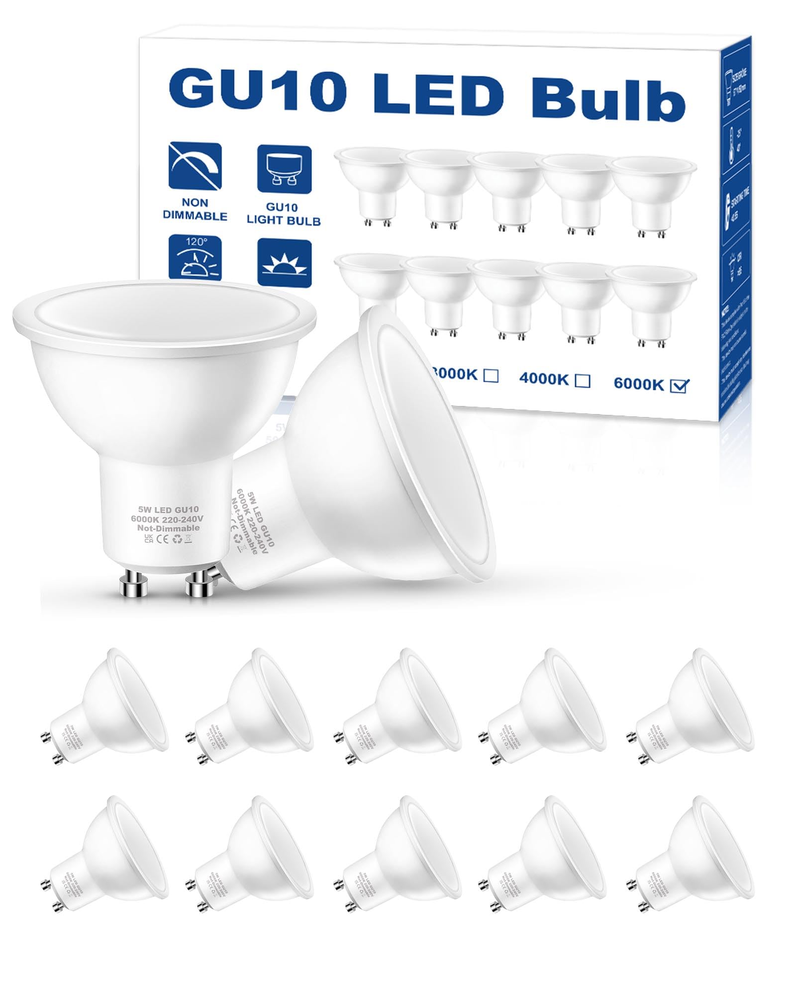 EvaStary LED GU10 Bulbs Cool White, 5W 500LM, 50W Halogen Spotlight Bulbs Equivalent, Energy Saving GU10 LED Light Bulbs, 120°Wide Beam, Non-Dimmable, 10 Pack