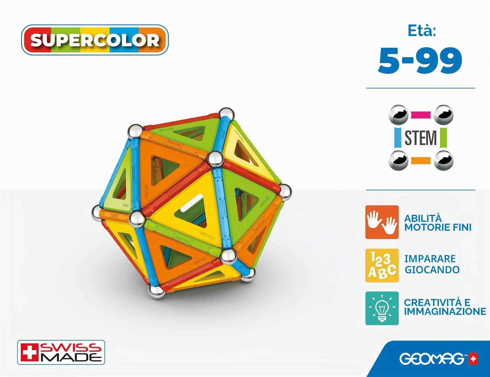 Geomag - Classic Supercolor RE 114 Pezzi, Costruzioni Magnetiche per Bambini Geometriche con Barrette e Pannelli Colorati, Giochi Bambini 5 Anni +, Gioco STEM Educativo, Idea Regalo Natale Compleanno