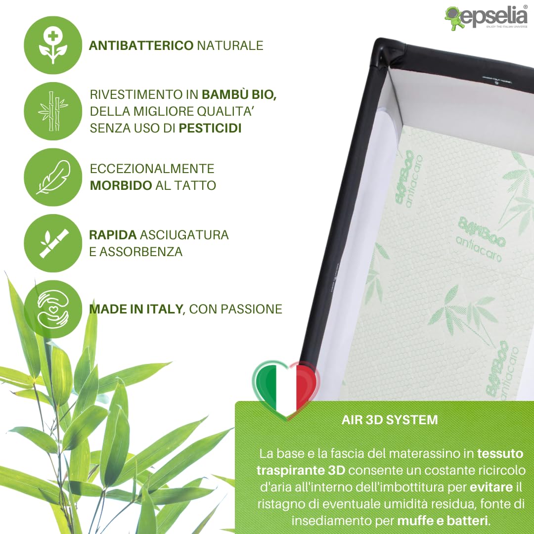 EPSELIA Materasso Lettino per Bambini Pieghevole BAMBU' BIO con Borsa per Viaggio o Campeggio, cm 60x120 H6 Certificato Antisoffoco EN16890:2017 Poliuretano con Fori CertiPUR™ OEKO-TEX®