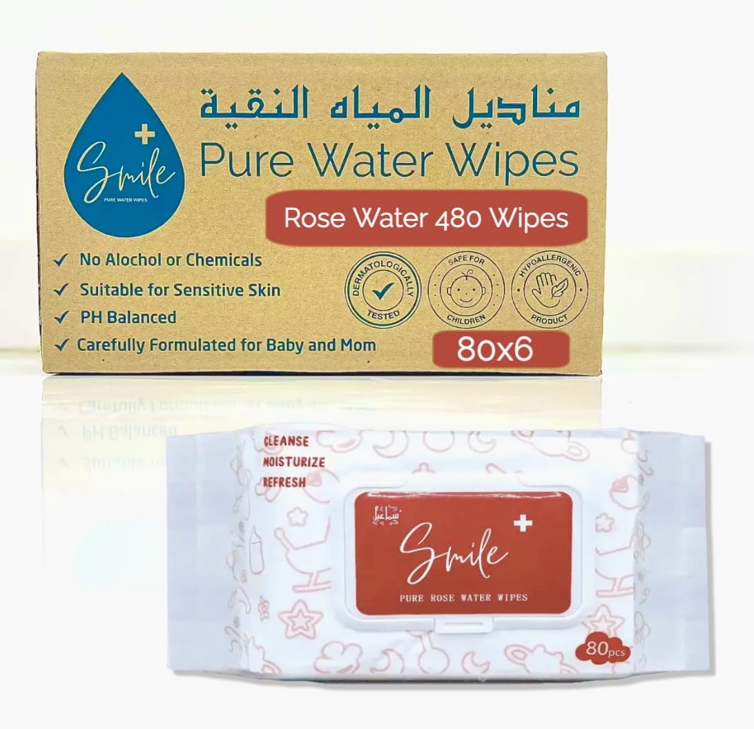 Smile Pure Rose Water Baby Wipes, 480 count, Cleanse, Moisturize, Refresh, Hypoallergenic, Organic. both Adult and Childrent can use Pack of 6