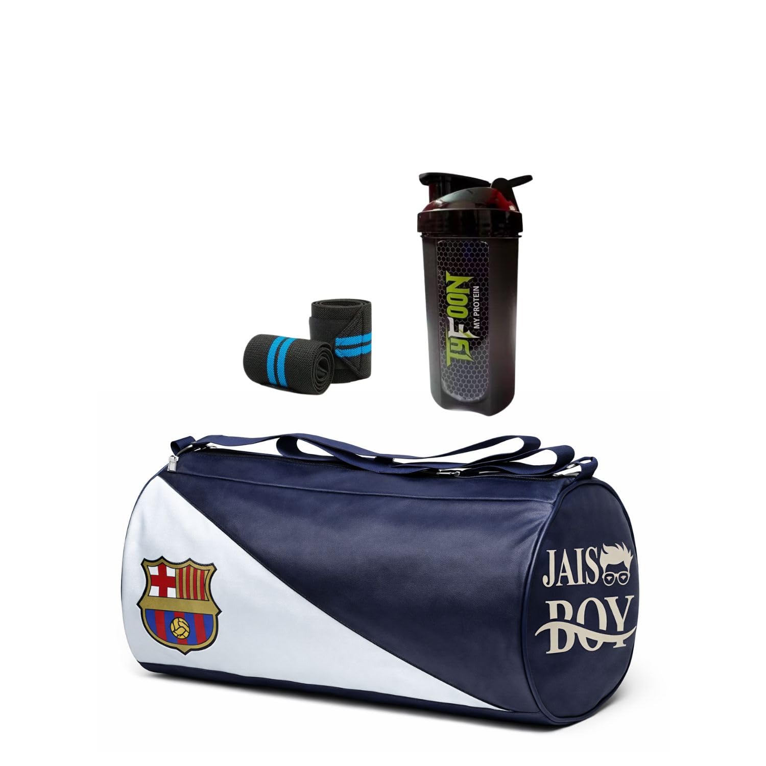 Gym Bag with Typhoon Protein Shaker, Navy Blue and White Duffel Sports Bag, BPA-Free 500ml Bottle, Leak Proof (Navy Blue)-image-48