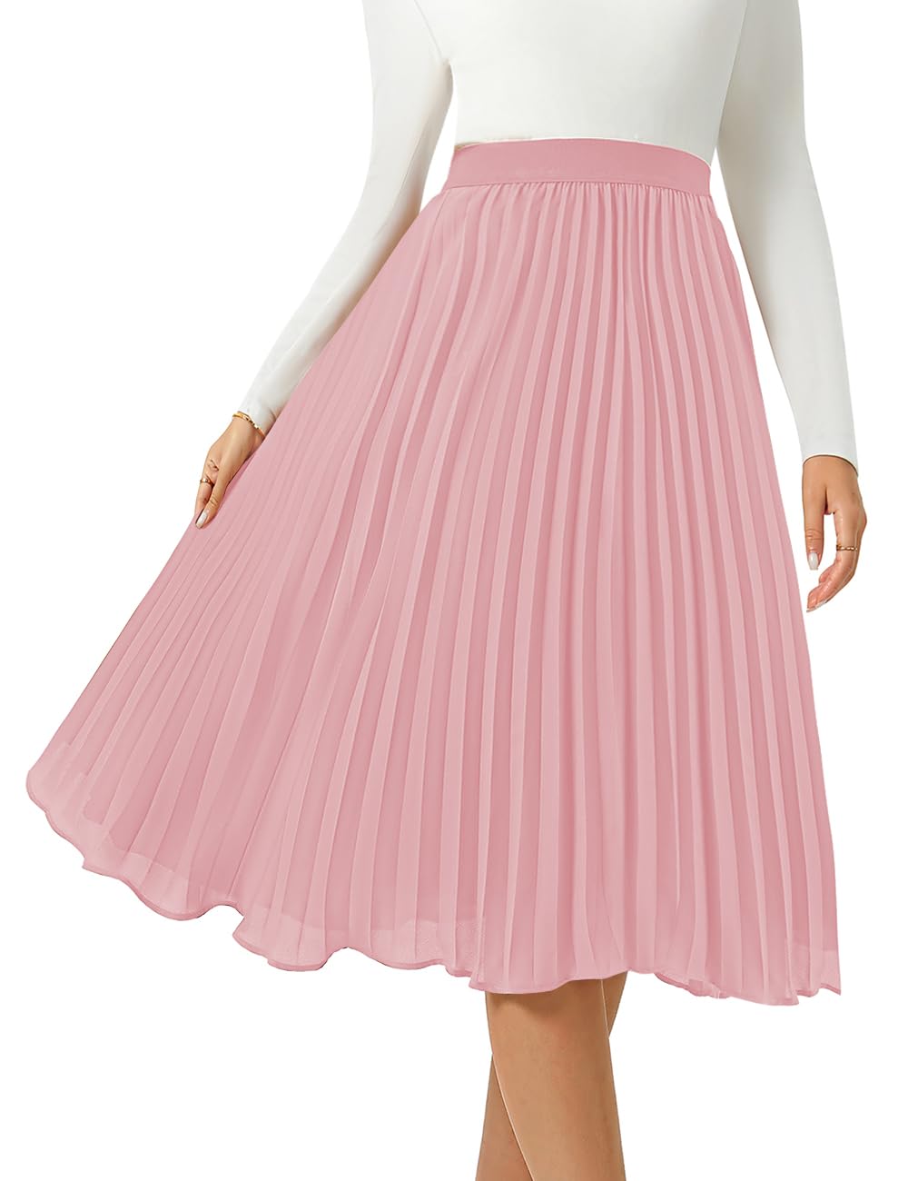 Photo 1 of Women's Midi Skirt Elastic High Waist Pleated Skirt Knee Length Swing A-Line Casual Flowy Skirts 2025 Pink,XL