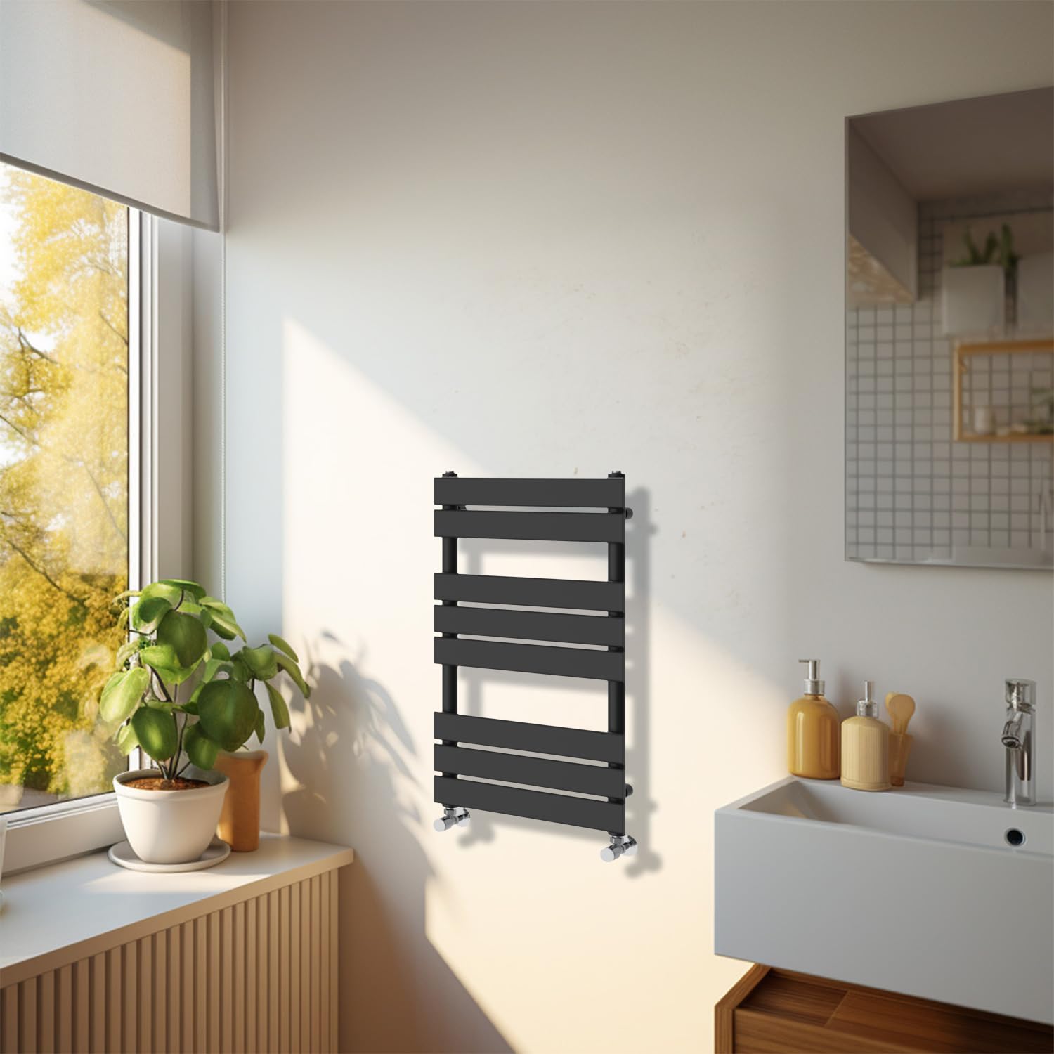 Nrg Black Bathroom 800 X 450Mm Flat Panel Heated Towel Rail Radiator