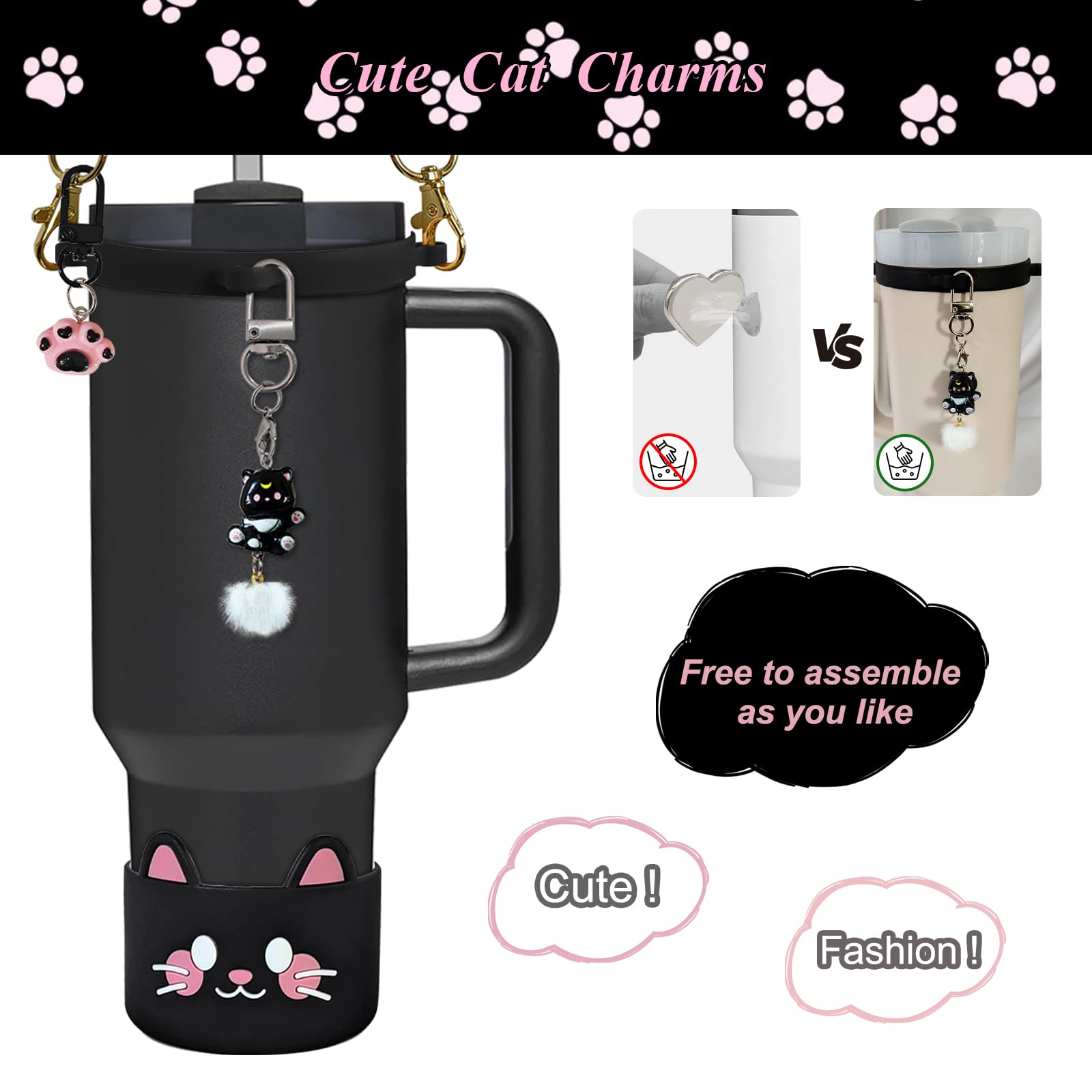 VirgoCCY 6-Piece Cat-Themed Stanley Cup Accessories Set - Straw Topper, Silicone Boot, Handle Strap & Charms For 30oz/40oz - View #6