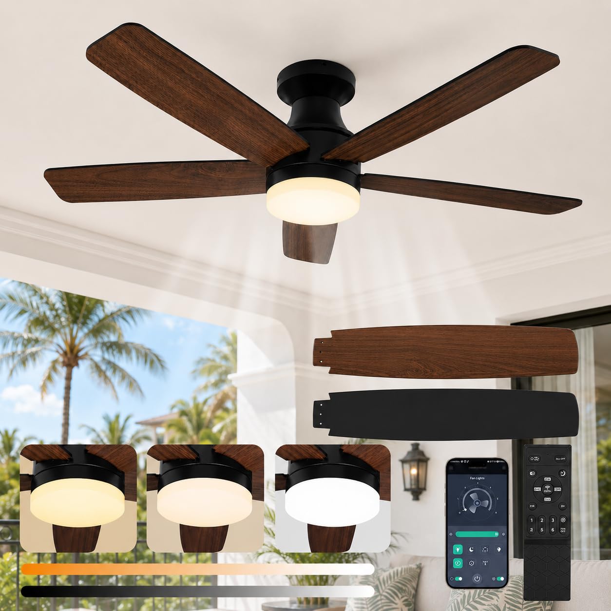 Smarter Deckenventilator mit Beleuchtung 106 cm, App & Fernbedienung, 3 Farbtemperaturen, 6 Stufen, Reversible Flügel, 30dB Leiser DC Motor DeckenleuchteDimmbare LED, für Schlafzimmer & Wohnzimmer