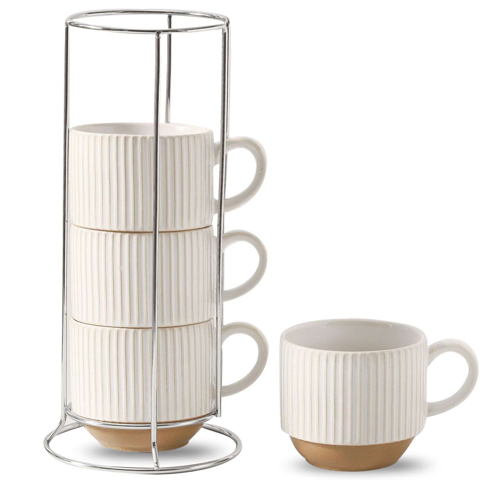 Photo 1 of ****ONLY 3 MUGS*****HASENSE 15 oz Ribbed Stackable Ceramic Coffee Mug Set of 4, White & Light Brown Cups with Metal Holder, Dishwasher & Microwave Safe for Cappuccino Tea Hot Cocoa, Wedding Housewarming Gifts