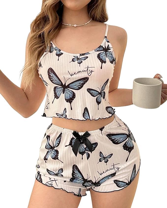 Women's Butterfly Print Sleeveless Crop Top and Shorts Nightwear Set, White and Blue, Soft Stretch Sleepwear Loungewear-image-0
