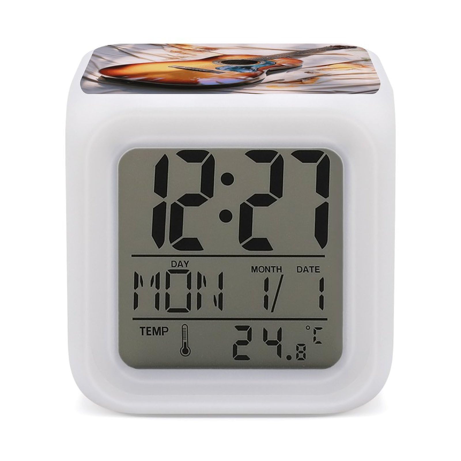 VstaDank Watercolor Acoustic Guitar Alarm Clock Alarm Clock with 7 Color Changing Digital Clocks for Bedrooms Sleep Training Clocks with Large Display for Office Kitchen Living Room