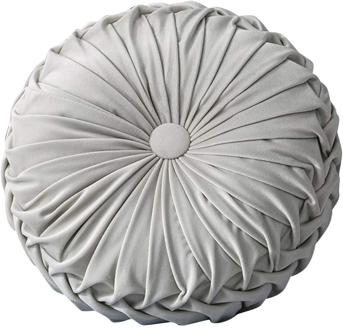 Shangmaoyo Grey Round Velvet Throw Pillow, Handcrafted Pumpkin Pleated Throw Pillow, Round Velvet Filled Chair Cushion For Home Sofa Chair Bed Car Decor (Grey)