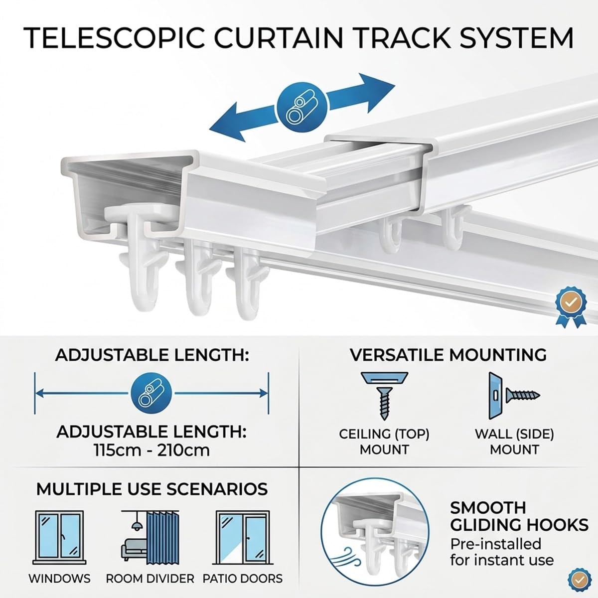 Riel Telescópico De Aluminio Montaje En Techo Y Pared Pista Individual