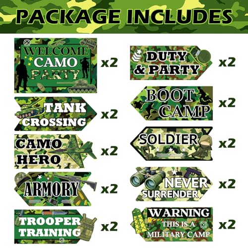 Image of Hooqict 20 Pieces Camo Party Signs Army Birthday Party Decorations Camouflage Military Birthday Party Supplies for Boys Men Army Themed Directional Sign