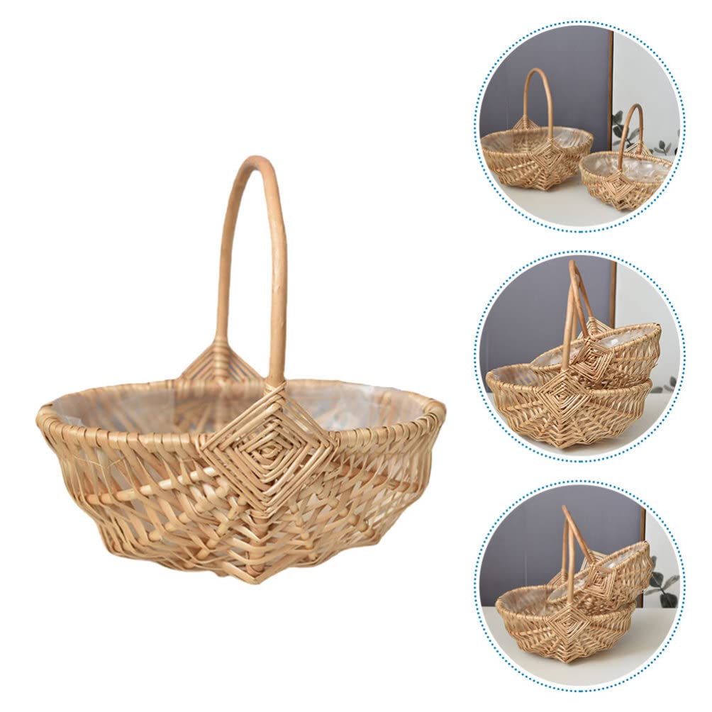 BESPORTBLE Cesto in vimini intrecciato con manico, cestino per fiori, cestino per fiori, per frutta, vaso da, da picnic, per matrimonio, decorazione rustica, shabby chic