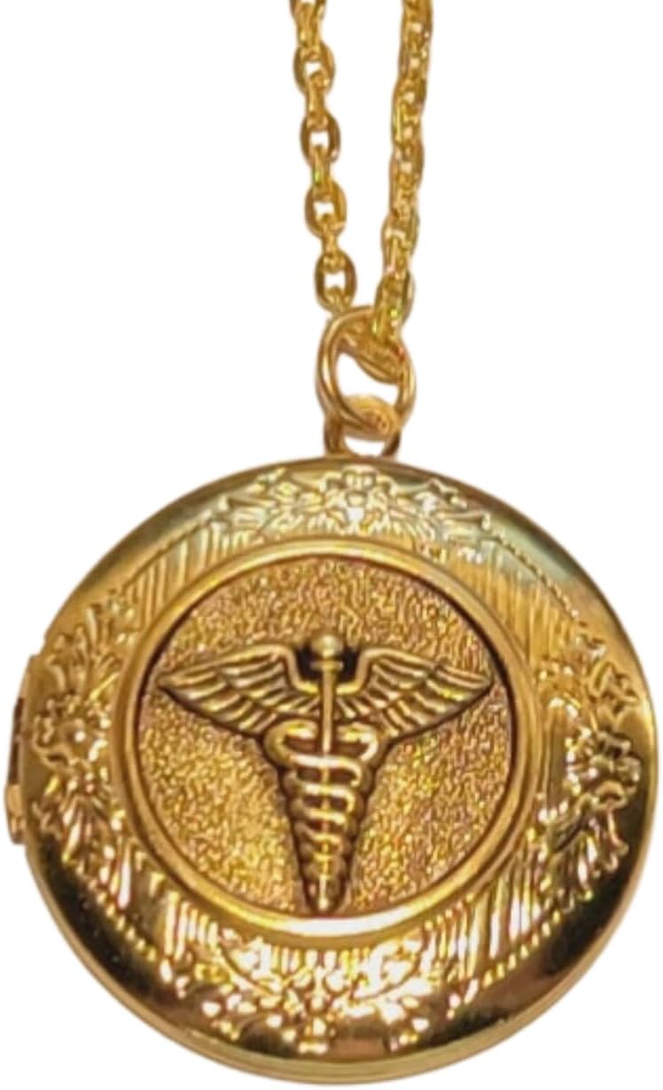 Handmade Antique Gold Caduceus Medical Symbol Locket Necklace